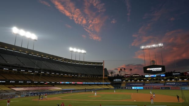 Jul 21, 2020; Los Angeles, California, USA; A general overall view of Dodger Stadium during a MLB exhibition game between the Los Angeles Angels and the Los Angeles Dodgers. Mandatory Credit: Kirby Lee-USA TODAY Sports